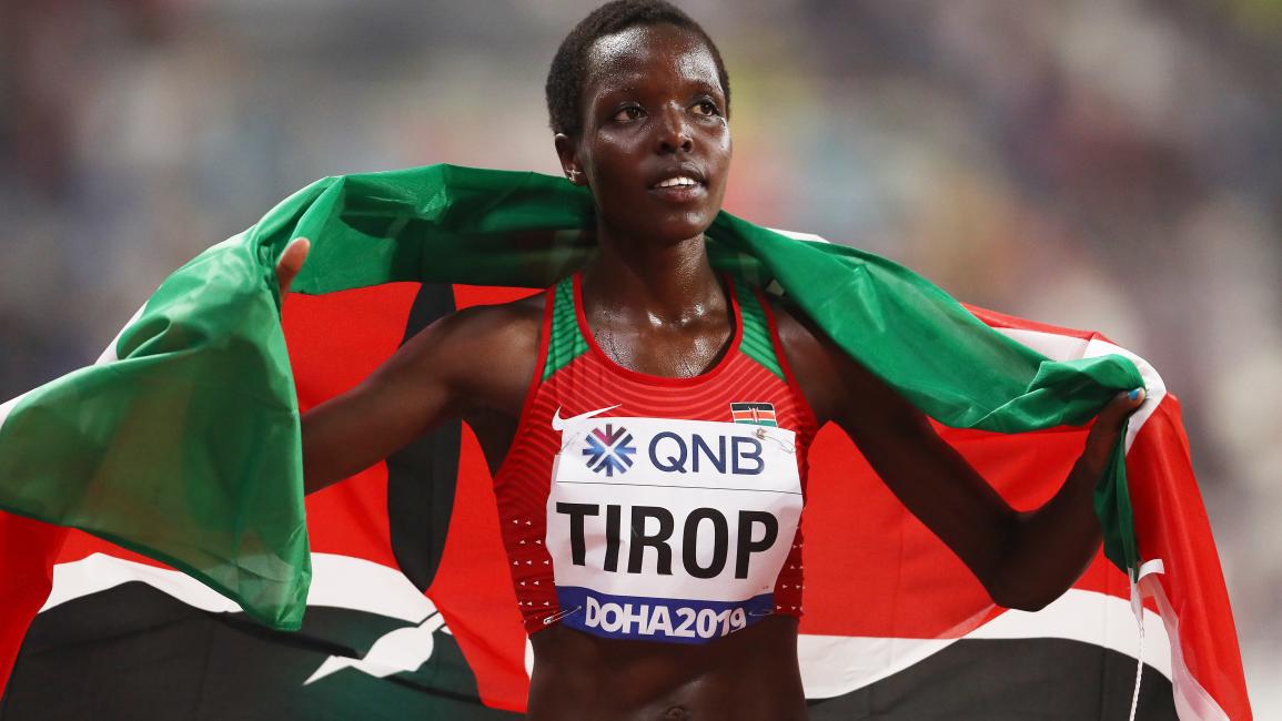 Agnes Jebet Tirop of Kenya celebrates winning bronze in the Women's 10,000 Metres final during day two of 17th IAAF World Athletics Championships Doha 2019 at Khalifa International Stadium on September 28, 2019 in Doha, Qatar. (Photo by Alexander Hassenstein/Getty Images for IAAF
