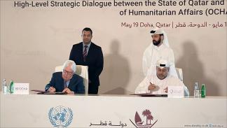 توقيع اتفاقيات في الحوار الاستراتيجي رفيع المستوى بين قطر ومكتب الأمم المتحدة لتنسيق الشؤون الإنسانية (أوتشا) - الدوحة - 19 مايو 2024 (العربي الجديد)