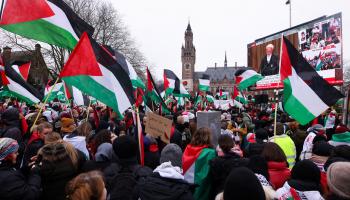 متضامنون مع فلسطين أمام محكمة العدل الدولية (ثيلو شمويلغن/رويترز)