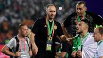 Algeria's coach Djamel Belmadi (C) is seen with his gold medal during the 2019 Africa Cup of Nations (CAN) Final football match between Senegal and Algeria at the Cairo International Stadium in Cairo on July 19, 2019. (Photo by JAVIER SORIANO / AFP) (Photo credit should read JAVIER SORIANO/AFP via Getty Images)