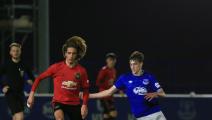 HALEWOOD, ENGLAND - MARCH 10: Hannibal Mejbri of Manchester United U18s in action during the U18 Premier League match between Everton U18s and Manchester United U18s at USM Finch Farm on March 10, 2020 in Halewood, England. (Photo by Tom Purslow/Manchester United via Getty Images)	