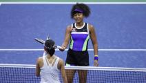 NEW YORK, NEW YORK - AUGUST 31: Naomi Osaka of Japan taps rackets after winning during her Women’s Singles first round match against Misaki Doi of Japan on Day One of the 2020 US Open at the USTA Billie Jean King National Tennis Center on August 31, 2020 in the Queens borough of New York City. (Photo by Matthew Stockman/Getty Images)	