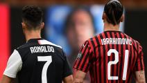 Juventus' Portuguese forward Cristiano Ronaldo and AC Milan's Swedish forward Zlatan Ibrahimovic stand next to one another during the Italian Serie A football match AC Milan vs Juventus played behind closed doors on July 7, 2020 at the San Siro stadium in Milan, as the country eases its lockdown aimed at curbing the spread of the COVID-19 infection, caused by the novel coronavirus. (Photo by Miguel MEDINA / AFP) (Photo by MIGUEL MEDINA/AFP via Getty Images)