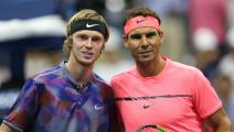 NEW YORK, USA - SEPTEMBER 6: Rafael Nadal of Spain and Andrey Rublev of Russia take a photo before competeting in Men's Singles Quarter Finals tennis match within the 2017 US Open Tennis Championships at the Arthur Ashe Stadium in New York, United States on September 6, 2017. (Photo by Mohammed Elshamy/Anadolu Agency/Getty Images)