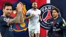 MANCHESTER, ENGLAND - AUGUST 13: The Paris Saint-Germain and FC Barcelona club crests on their first team home shirts on August 13, 2020 in Manchester, United Kingdom. (Photo by Visionhaus)
