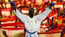 Spanish karateka Babacar Seck Sakho (R) celebrates after competing for the Bronze Medal with Portuguese karateka Filipe Reis during the Kumite male +84kg competition of the 24th Karate World Championships at the WiZink center in Madrid on November 10, 2018. (Photo by JAVIER SORIANO / AFP) (Photo credit should read JAVIER SORIANO/AFP via Getty Images)
