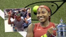 NEW YORK, USA: September 9: Coco Gauff of the United States with the winners' 'trophy after her victory against Aryna Sabalenka of Belarus in the Women's Singles Final on Arthur Ashe Stadium during the US Open Tennis Championship 2023 at the USTA National Tennis Centre on September 9th, 2023 in Flushing, Queens, New York City. (Photo by Tim Clayton/Corbis via Getty Images)