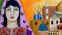 لوحة للفنانة هبة زقوت التي استشهدت مع طفلها الجمعة الماضي أثناء قصف الاحتلال لغزة