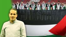 TOPSHOT - Palestine's starting eleven gather for their national anthem ahead of the 2026 FIFA World Cup AFC qualifiers football match between Lebanon and Palestine at the Khalid Bin Mohammed Stadium in Sharjah on November 16, 2023. (Photo by Giuseppe CACACE / AFP) (Photo by GIUSEPPE CACACE/AFP via Getty Images)