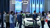 سيارة "BYD Dolphin" الكهربائية الصينية في معرض دولي بمقاطعة لياونينغ، 3 مايو 2023 (Getty)
