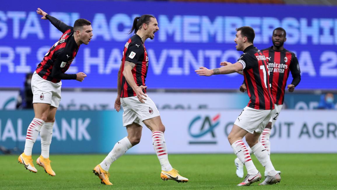 MILAN, ITALY - JANUARY 26: (BILD ZEITUNG OUT) Zlatan Ibrahimovic of AC Milan celebrates after scoring his team's first goal during the Coppa Italia match between FC Internazionale and AC Milan at Stadio Giuseppe Meazza on January 26, 2021 in Milan, Italy. Sporting stadiums around Italy remain under strict restrictions due to the Coronavirus Pandemic as Government social distancing laws prohibit fans inside venues resulting in games being played behind closed doors. (Photo by Sportinfoto/DeFodi Images via Ge
