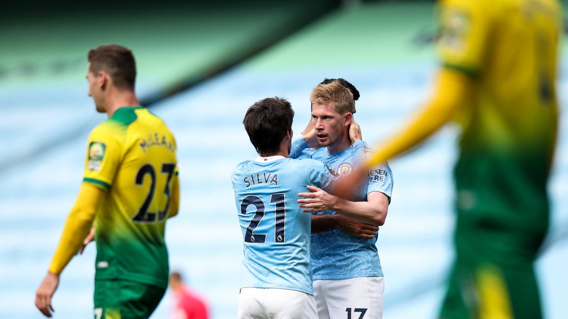 MANCHESTER, ENGLAND - JULY 26: Kevin De Bruyne of Manchester City celebrates after scoring a goal to make it 2-0 during the Premier League match between Manchester City and Norwich City at Etihad Stadium on July 26, 2020 in Manchester, United Kingdom. (Photo by Robbie Jay Barratt - AMA/Getty Images)