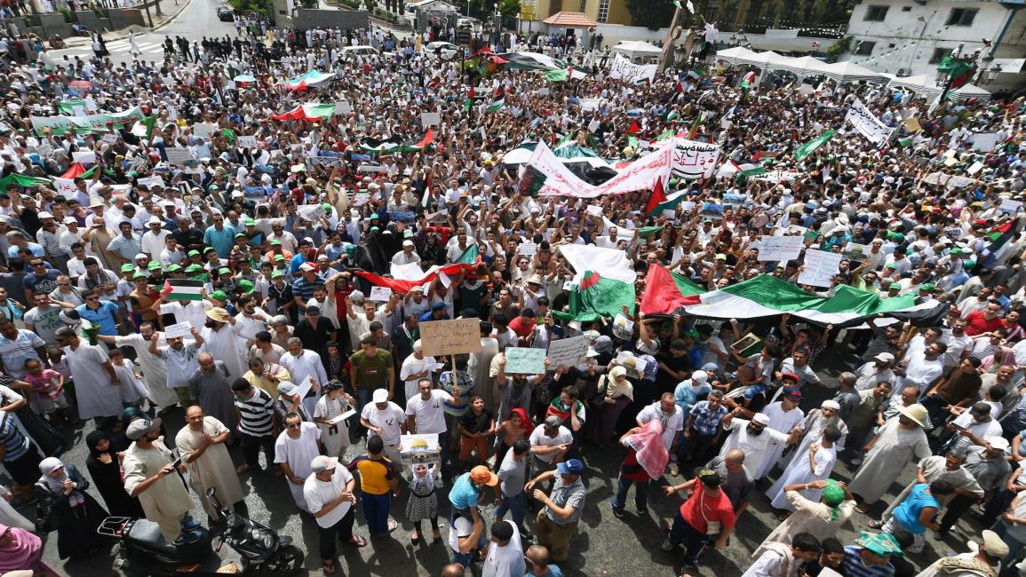 جزائريون يلوحون بأعلام فلسطين خلال احتجاج ضد إسرائيل بالعاصمة الجزائرية(25/7/2014/فرانس برس)