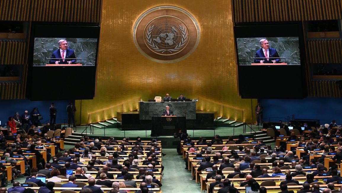 الأمين العام للأمم المتحدة أنطونيو غوتيريس يتحدث خلال الدورة 78 للجمعية العامة للأمم المتحدة في نيويورك في 19/9/2023 (فرانس برس)