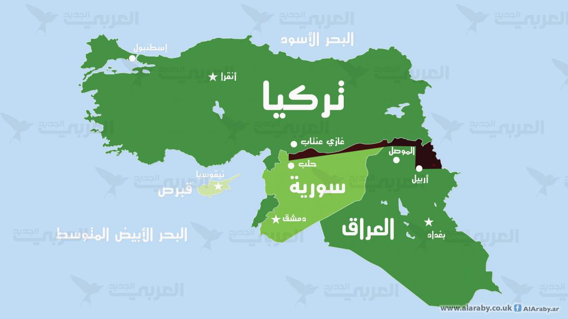 خريطة تركيا محاصرة بإقليم كردستان العراق والمناطق الكردية بسورية