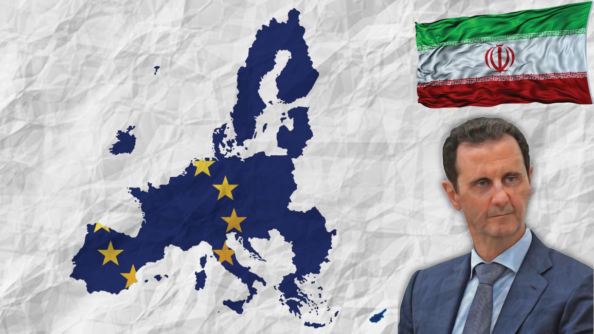 دول الاتحاد الأوروبي وعلم إيران وبشار الأسد