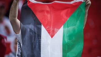 صورة لمشجع فلسطيني يوم 29 يناير 2024 خلال كأس آسيا (أيمن يعقوب/ الأناضول)