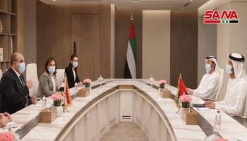 وزيرا اقتصاد الإمارات وسورية مجتمعين في دبي على هامش "إكسبو 2020" (سانا)