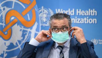تيدروس أدهانوم غيبريسوس في منظمة الصحة العالمية (فابريس كوفريني/ فرانس برس)