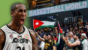 Jordan's Rondae Hollis Jefferson reacts during the FIBA Basketball World Cup Group C match between Greece and Jordan at the Mall of Asia Arena in Pasay City, suburban Manila, on August 26, 2023. (Photo by SHERWIN VARDELEON / AFP) (Photo by SHERWIN VARDELEON/AFP via Getty Images)