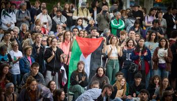 جانب من اعتصام الطلاب الإسبان تضامناً مع الشعب الفلسطيني، في حرم "جامعة كومبلوتنسي"، 14 أيار/مايو 2024 (Getty)
