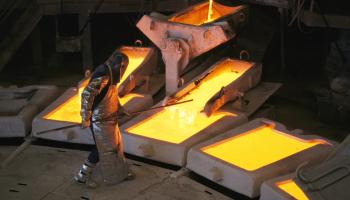 Getty-Molten copper is poured into molds at Chuquicamata Copper Refinery; 