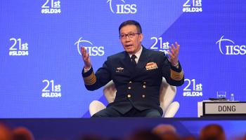 وزير الدفاع الصيني خلال كلمة في منتدى شانغريلا، 2-6- 2024- فرانس برس