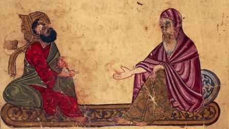 نقاش بين فيلسوفين عربيين، في منمنمة من مخطوط يعود إلى القرن الثالث عشر (Getty)