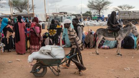 لاجئون سودانيون وتوزيع مساعدات غذائية في تشاد (عبد المنعم عيسى/ Getty)