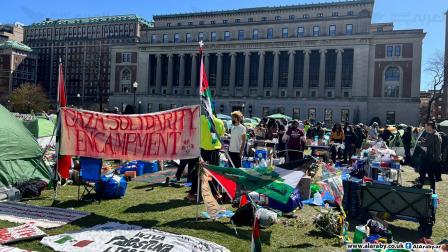 "مخيم التضامن مع غزة" في جامعة كولومبيا الأميركية، 23/4/2024 (العربي الجديد)