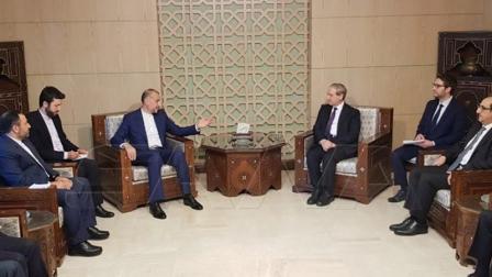 لقاء وزير خارجية إيران (يسار) بنظيره السوري في دمشق (إكس)